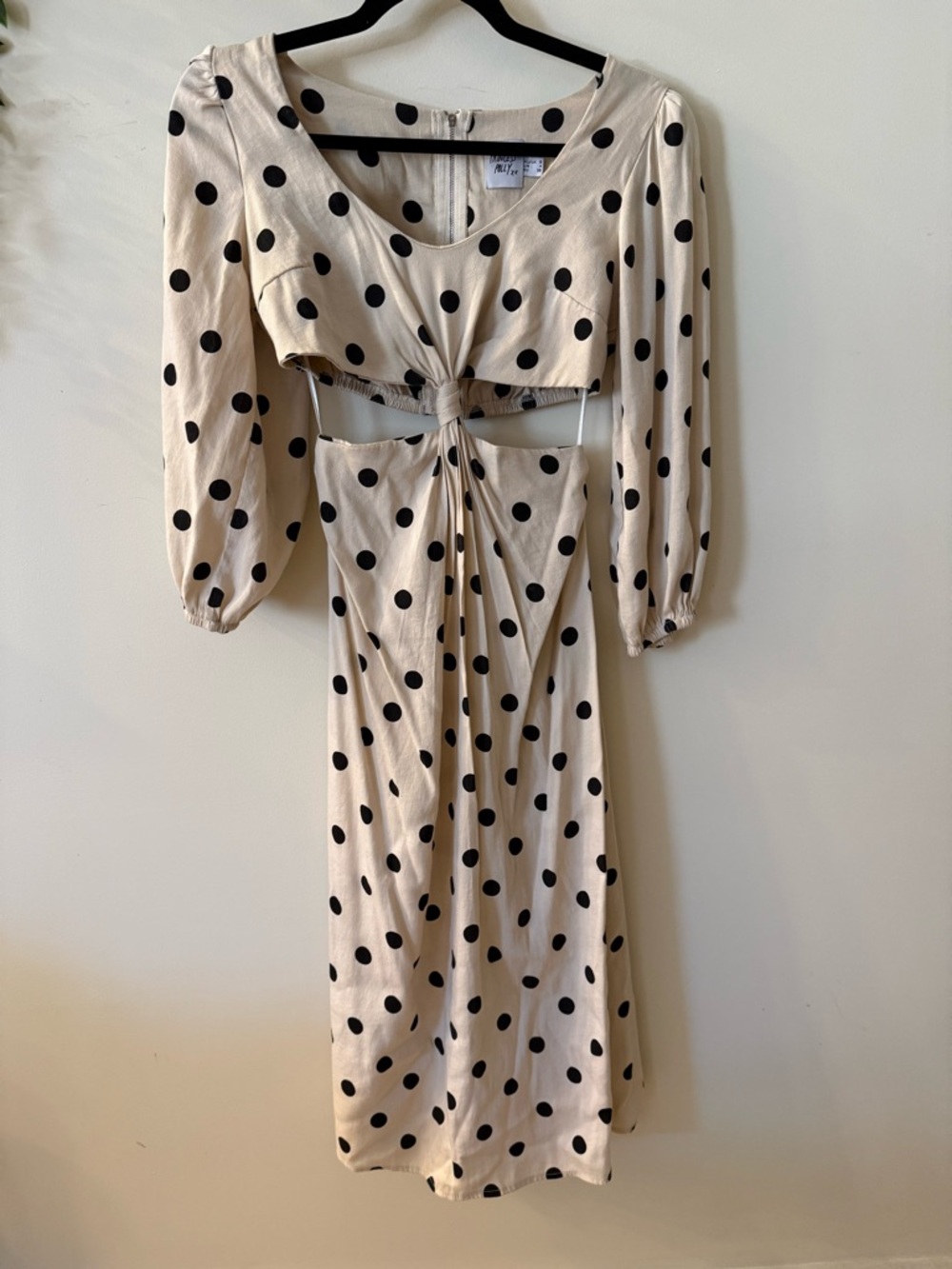 Princess Polly Cream Midi Dress with Black Polka Dots and Front Cutout